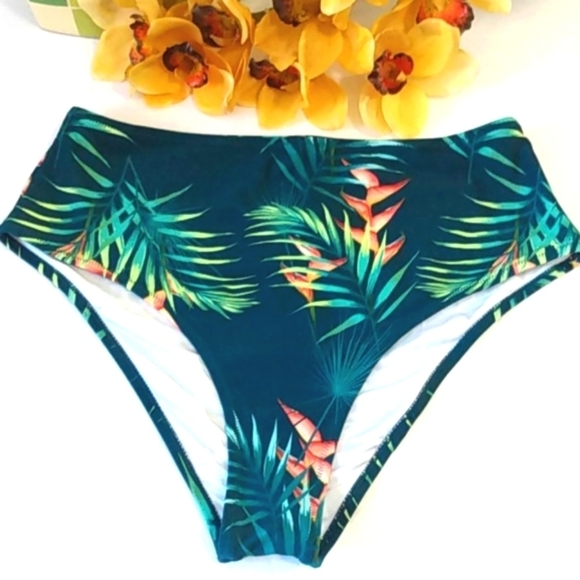 CUPSHE GREEN TROPICAL FLORAL HIGH WAISTED BIKINI BOTTOMS SIZE XXL NWT - Picture 2 of 8